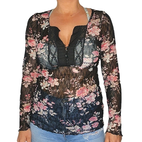 Denim & Supply Ralph Lauren Tops - Denim&Supply Ralph Lauren Sheer Lace Long Sleeve Blouse Floral Black Size Large